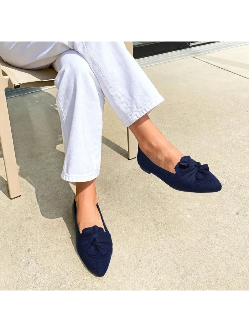 Women's Navy Foldable Bow Pointed Toe Ballet Flats Knit Cushioned Comfort Shoes